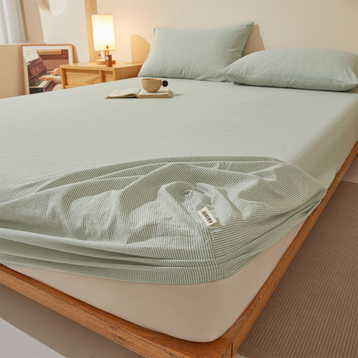 91家纺网 家纺一手货源 找家纺 女子家纺 2026新款全棉色织水洗纯色条格纯棉单层床笠床垫保护套 拾忆-条纹绿