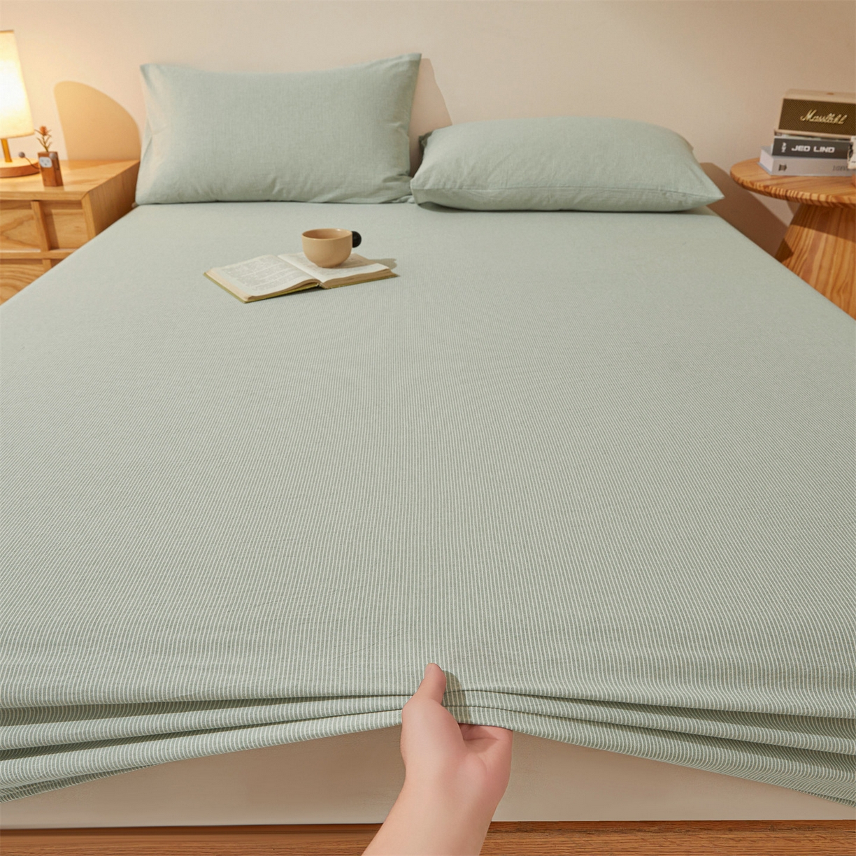 91家纺网 家纺一手货源 找家纺 女子家纺 2026新款全棉色织水洗纯色条格纯棉单层床笠床垫保护套 拾忆-条纹绿