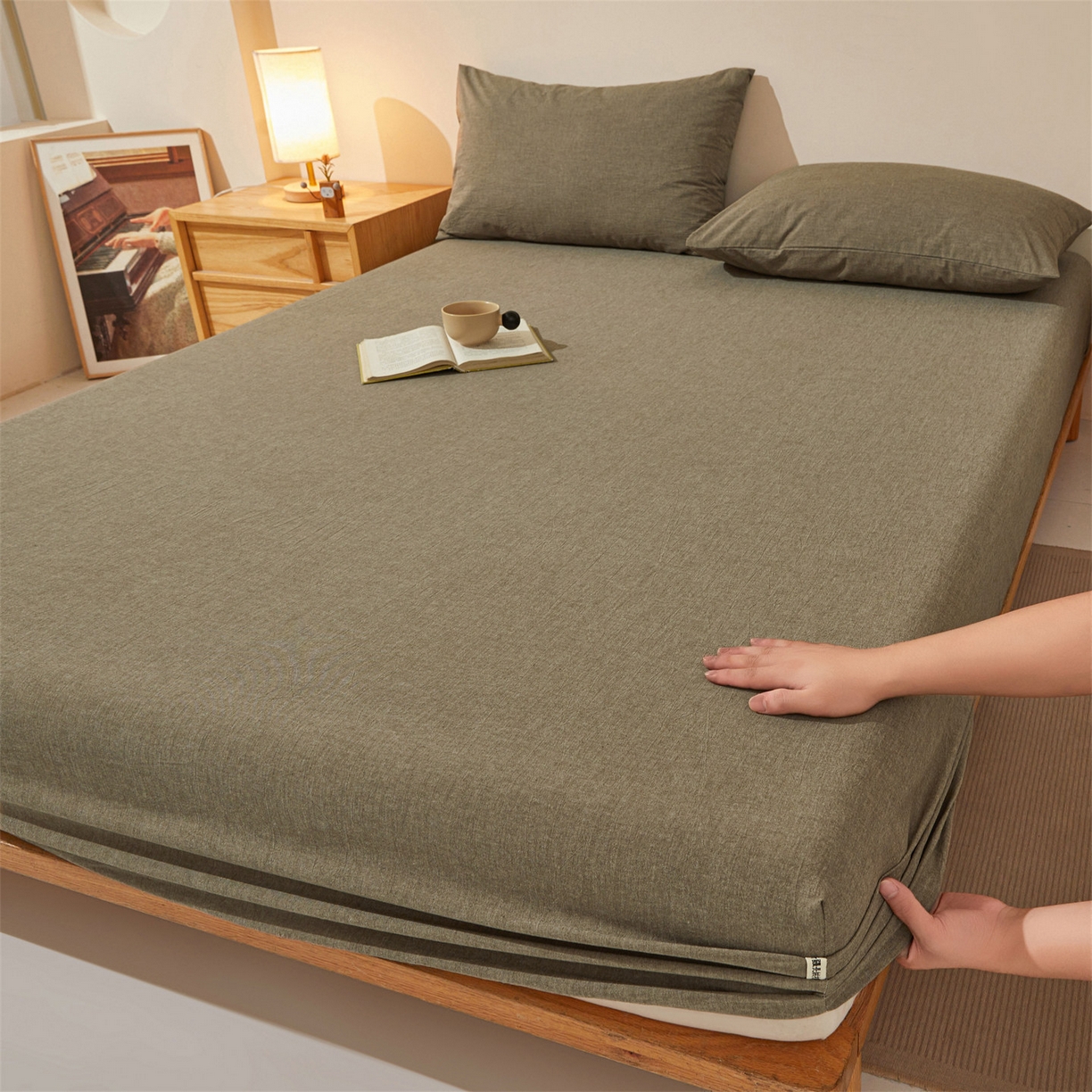 女子家纺 2026新款全棉色织水洗纯色条格纯棉单层床笠床垫保护套 拾忆-棕色