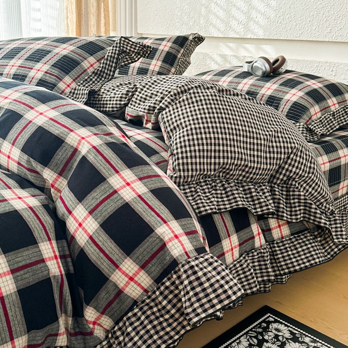 暖居 2026新款色织全棉水洗棉填充棉花高温砂洗床盖四件套 英伦格纹