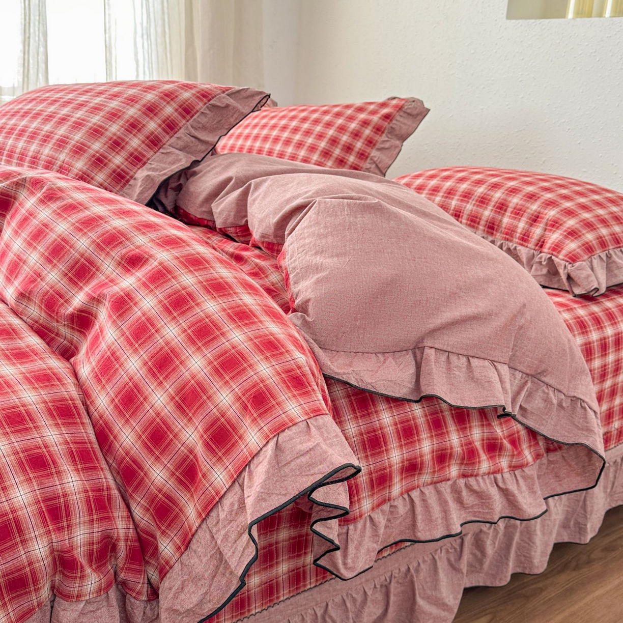 暖居 2026新款色织全棉水洗棉填充棉花高温砂洗床盖四件套 圣诞格