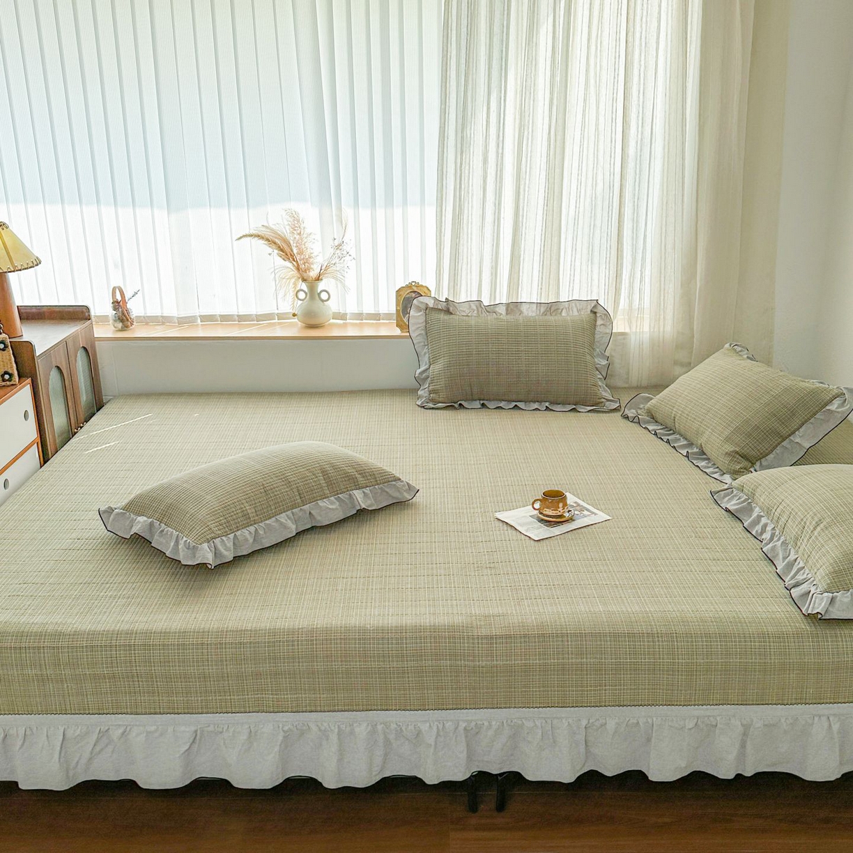 91家纺网 家纺一手货源 找家纺 暖居 2026新款大尺寸全棉色织花边款榻榻米农村大炕盖 格语绿