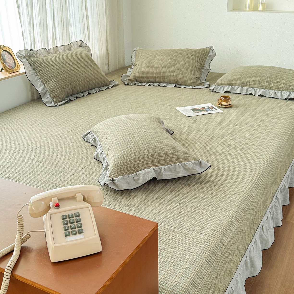 91家纺网 家纺一手货源 找家纺 暖居 2026新款大尺寸全棉色织花边款榻榻米农村大炕盖 格语绿