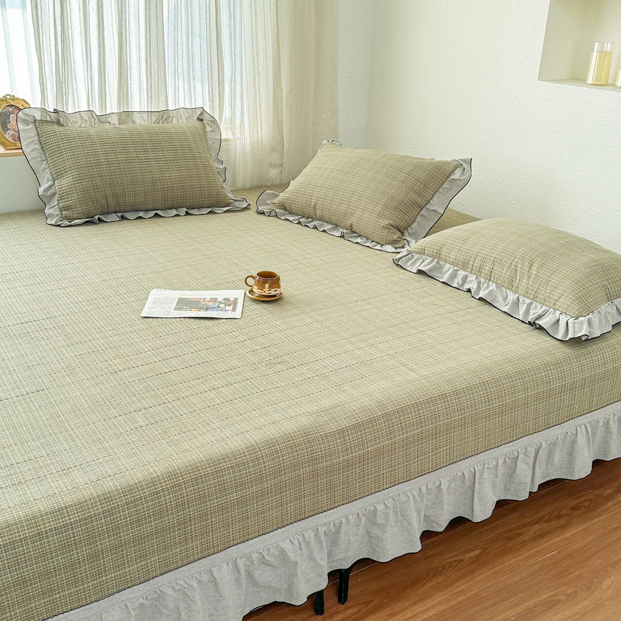 91家纺网 家纺一手货源 找家纺 暖居 2026新款大尺寸全棉色织花边款榻榻米农村大炕盖 格语绿