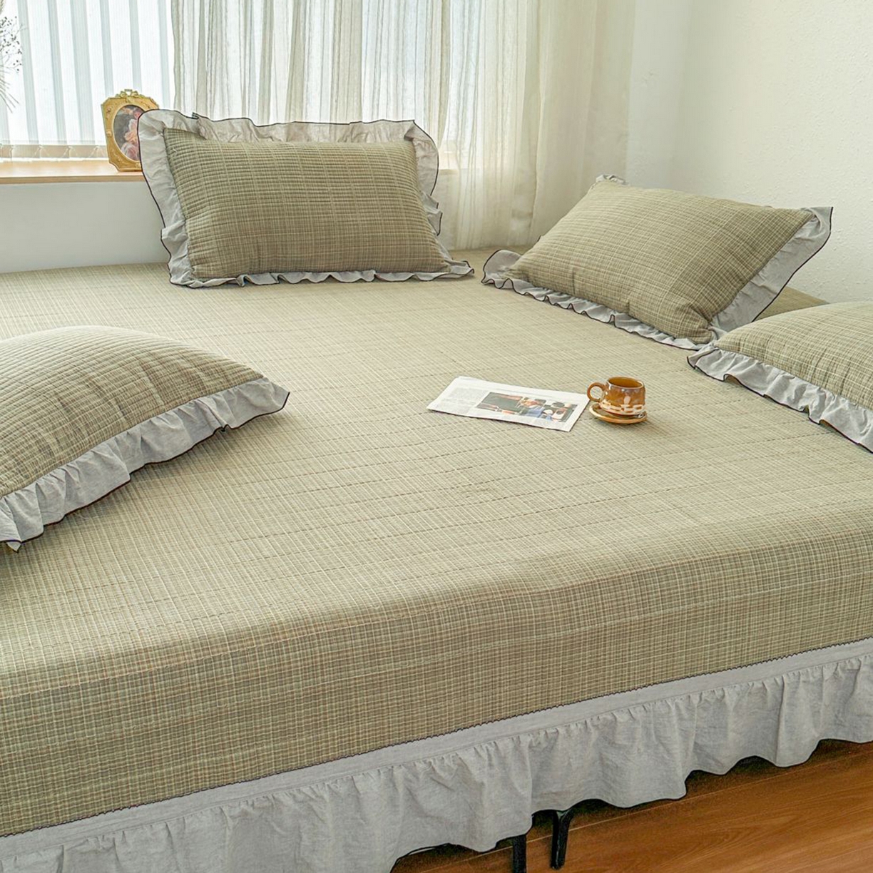 91家纺网 家纺一手货源 找家纺 暖居 2026新款大尺寸全棉色织花边款榻榻米农村大炕盖 格语绿