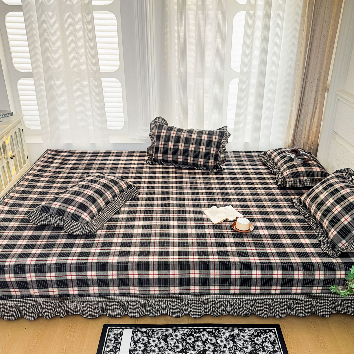 暖居 2026新款大尺寸全棉色织花边款榻榻米农村大炕盖 英式格纹