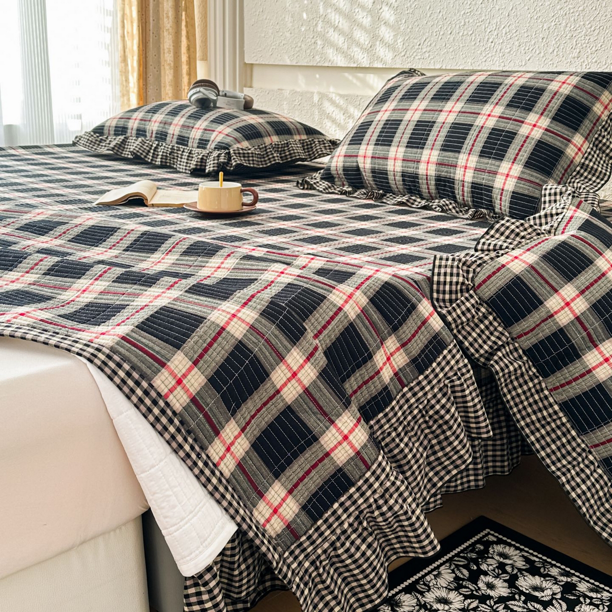 91家纺网 家纺一手货源 找家纺 暖居 2026新款大尺寸全棉色织花边款榻榻米农村大炕盖 英式格纹