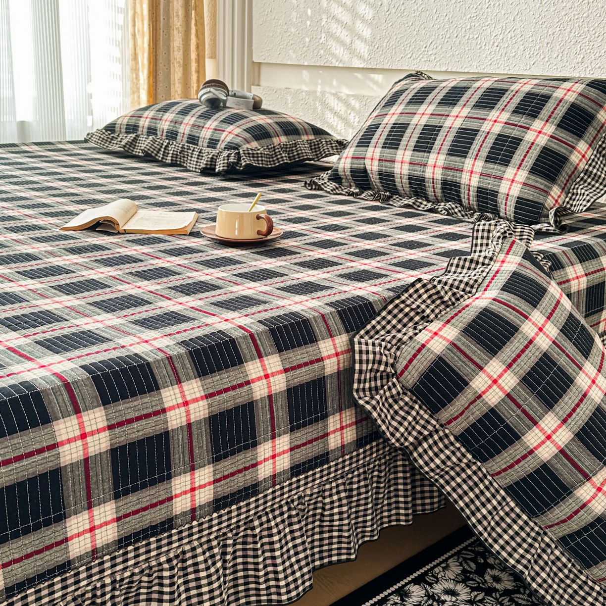 91家纺网 家纺一手货源 找家纺 暖居 2026新款大尺寸全棉色织花边款榻榻米农村大炕盖 英式格纹