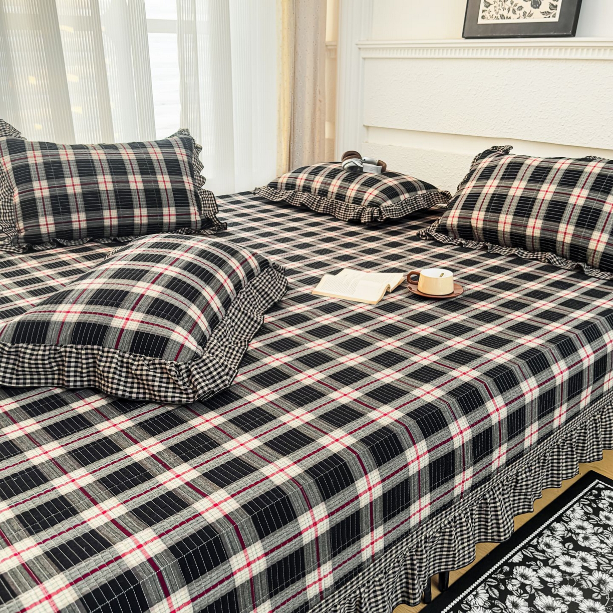 91家纺网 家纺一手货源 找家纺 暖居 2026新款大尺寸全棉色织花边款榻榻米农村大炕盖 英式格纹