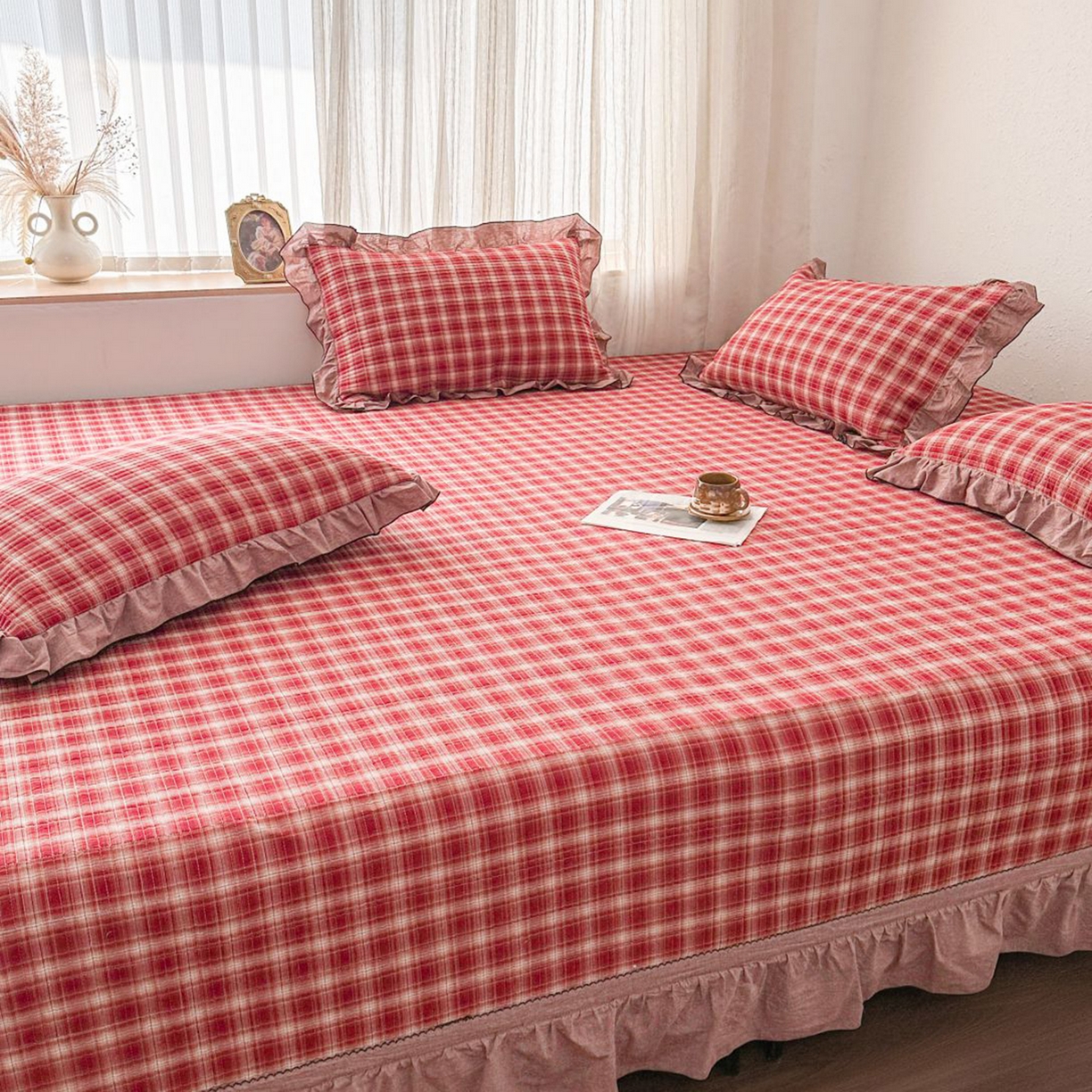 91家纺网 家纺一手货源 找家纺 暖居 2026新款大尺寸全棉色织花边款榻榻米农村大炕盖 圣诞格