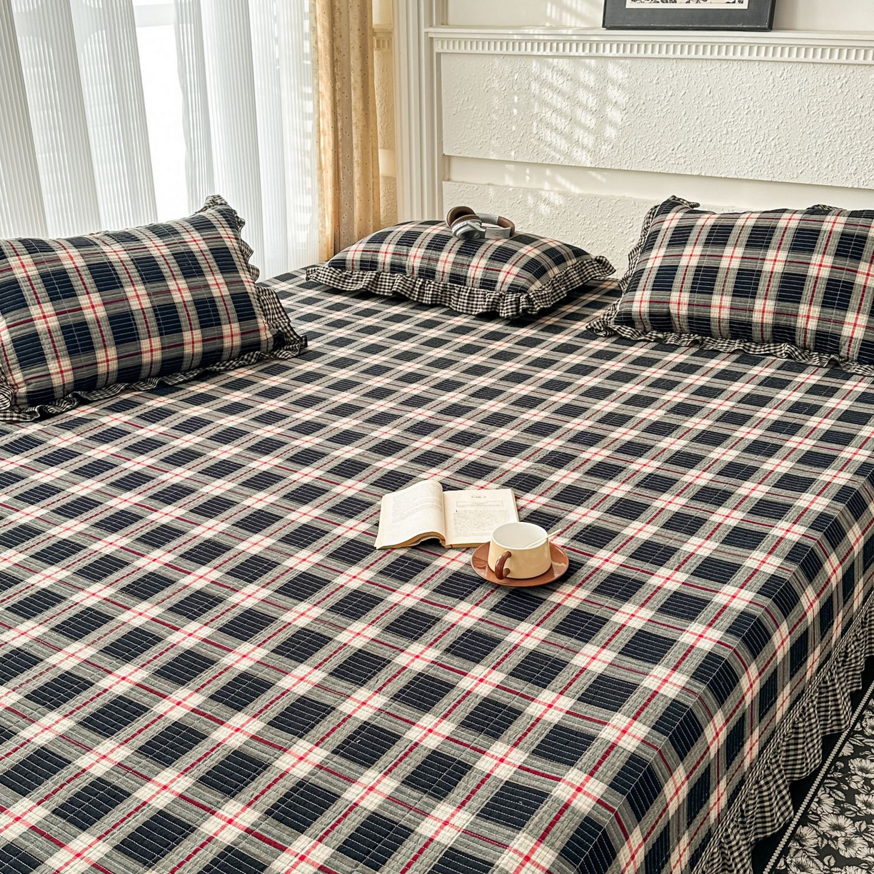 91家纺网 家纺一手货源 找家纺 暖居 2026新款大尺寸全棉色织花边款榻榻米农村大炕盖 英式格纹