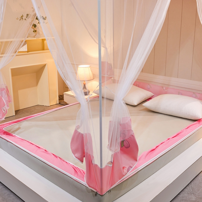 91家纺网 家纺一手货源 找家纺 千逸虹 2026新款卡通加密加大全底坐床遮光防摔回底蚊帐 郁金香粉-回底