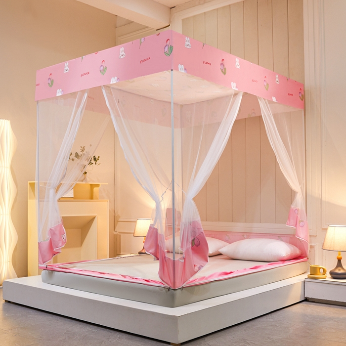 91家纺网 家纺一手货源 找家纺 千逸虹 2026新款卡通加密加大全底坐床遮光防摔回底蚊帐 郁金香粉-回底