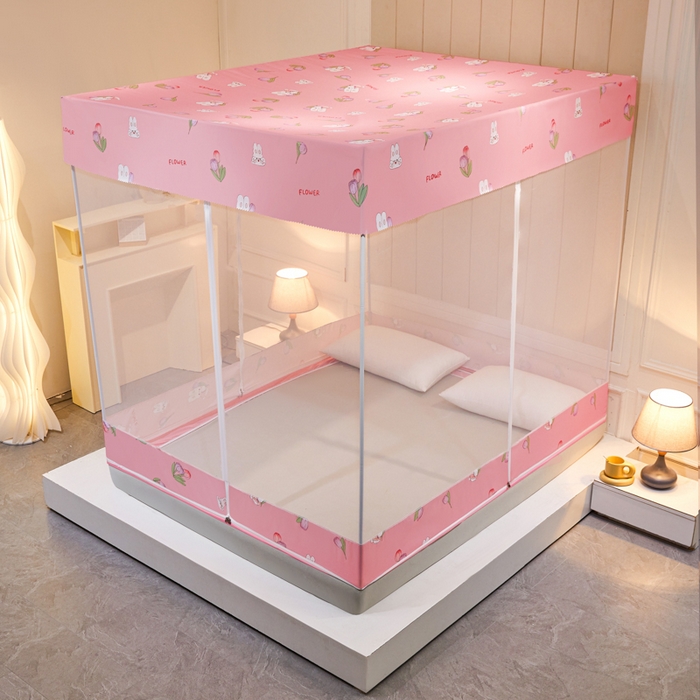 91家纺网 家纺一手货源 找家纺 千逸虹 2026新款卡通加密加大全底坐床遮光防摔回底蚊帐 郁金香粉-回底