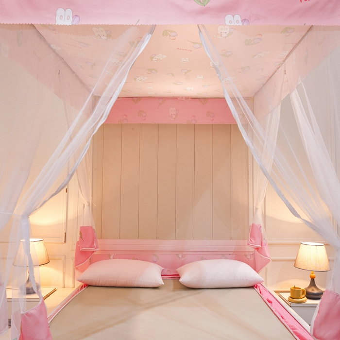 91家纺网 家纺一手货源 找家纺 千逸虹 2026新款卡通加密加大全底坐床遮光防摔回底蚊帐 郁金香粉-回底