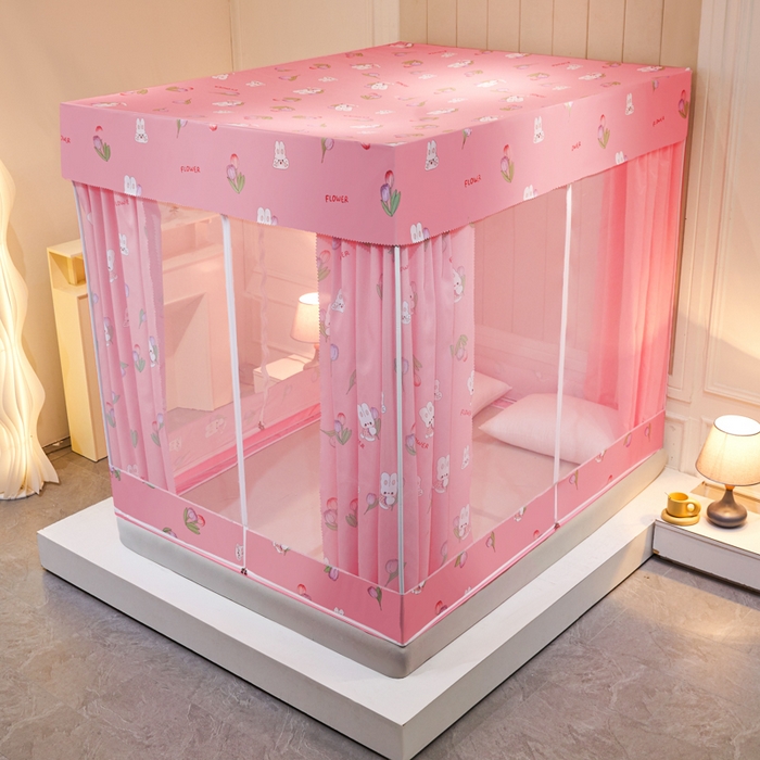 91家纺网 家纺一手货源 找家纺 千逸虹 2026新款卡通加密加大全底坐床遮光防摔回底蚊帐 郁金香粉-回底