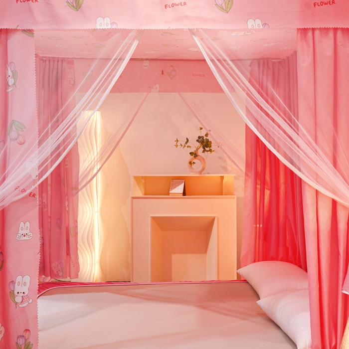 91家纺网 家纺一手货源 找家纺 千逸虹 2026新款卡通加密加大全底坐床遮光防摔回底蚊帐 郁金香粉-回底