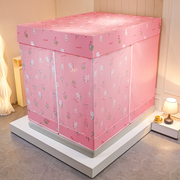 91家纺网 家纺一手货源 找家纺 千逸虹 2026新款卡通加密加大全底坐床遮光防摔回底蚊帐 郁金香粉-回底