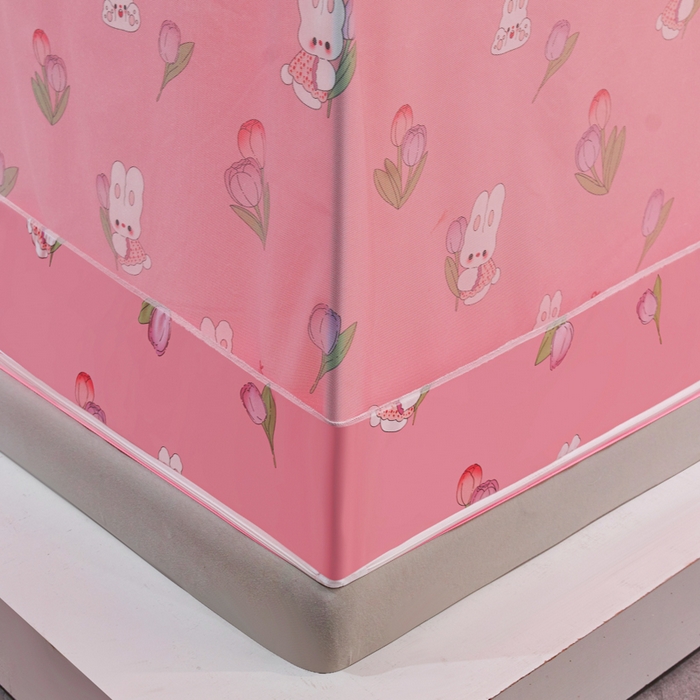 91家纺网 家纺一手货源 找家纺 千逸虹 2026新款卡通加密加大全底坐床遮光防摔回底蚊帐 郁金香粉-回底