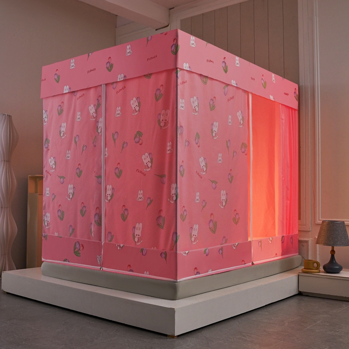 91家纺网 家纺一手货源 找家纺 千逸虹 2026新款卡通加密加大全底坐床遮光防摔回底蚊帐 郁金香粉-回底