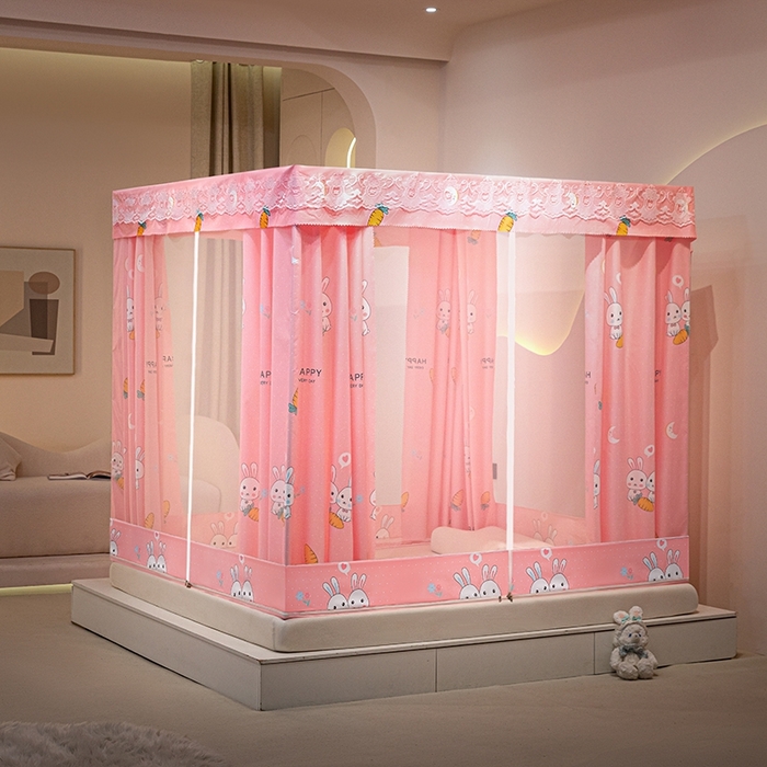 91家纺网 家纺一手货源 找家纺 千逸虹 2026新款卡通加密加大全底坐床遮光防摔回底蚊帐 萝卜兔-回底