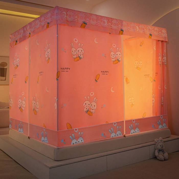 91家纺网 家纺一手货源 找家纺 千逸虹 2026新款卡通加密加大全底坐床遮光防摔回底蚊帐 萝卜兔-回底