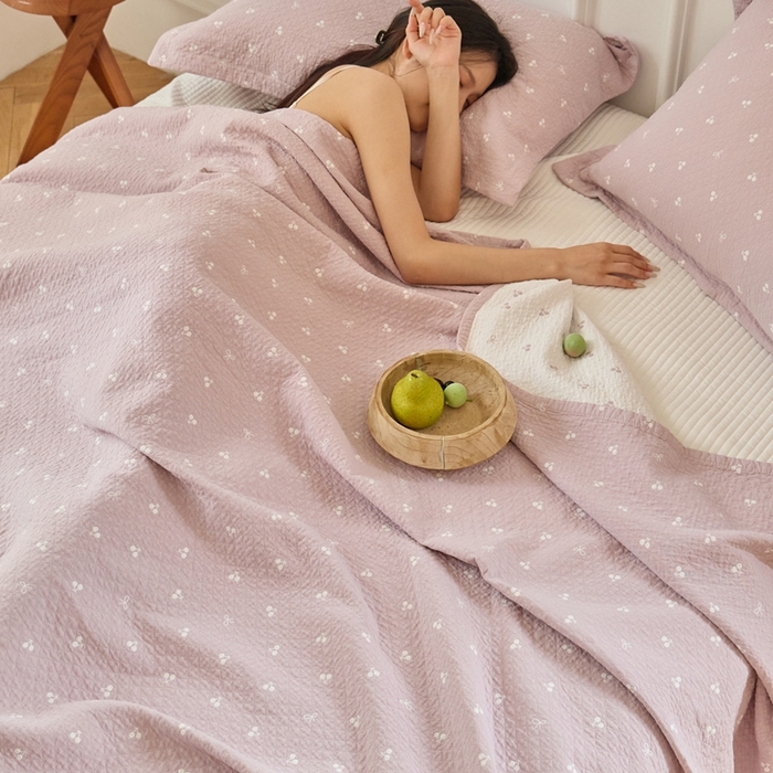 沐瑟家纺 2025新款亲肤舒适色织提花纱布床盖三件套盖毯毯子-樱桃系列 樱桃粉色