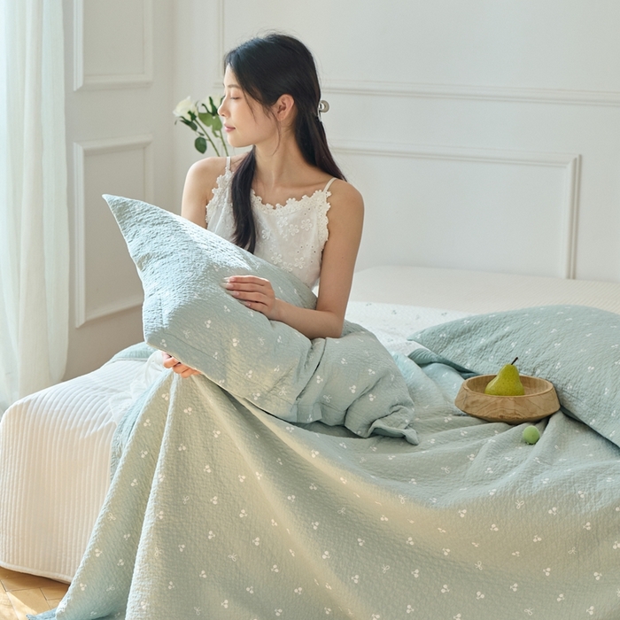 91家纺网 家纺一手货源 找家纺 沐瑟家纺 2025新款亲肤舒适色织提花纱布床盖三件套盖毯毯子-樱桃系列 樱桃绿色