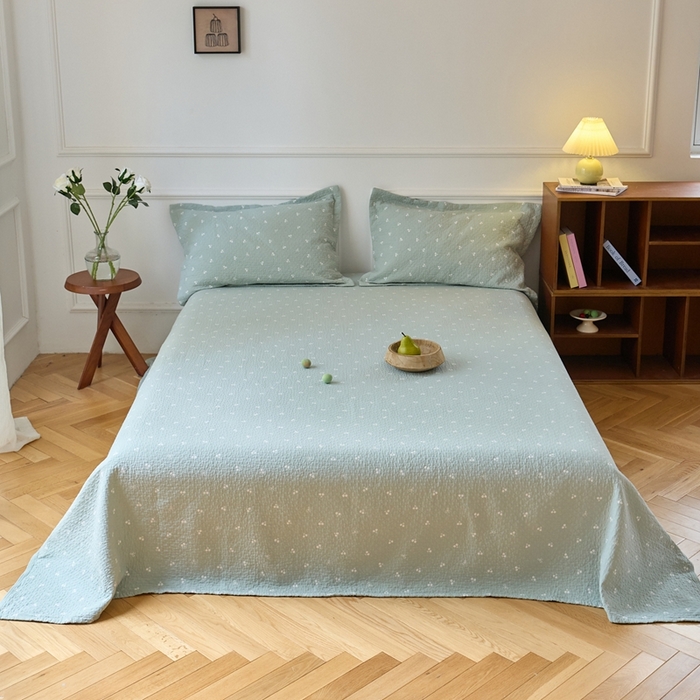 91家纺网 家纺一手货源 找家纺 沐瑟家纺 2025新款亲肤舒适色织提花纱布床盖三件套盖毯毯子-樱桃系列 樱桃绿色