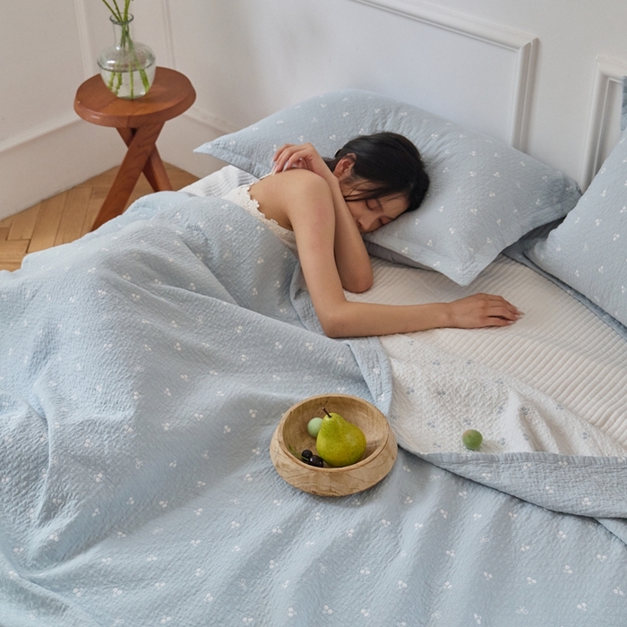 沐瑟家纺 2025新款亲肤舒适色织提花纱布床盖三件套盖毯毯子-樱桃系列 樱桃蓝色