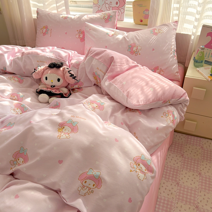 91家纺网 家纺一手货源 找家纺 曼之夏 2026新款全棉三丽鸥正版授权卡通四件套 波点美乐蒂