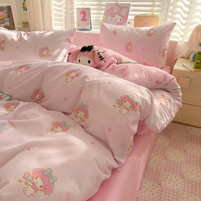 91家纺网 家纺一手货源 找家纺 曼之夏 2026新款全棉三丽鸥正版授权卡通四件套 波点美乐蒂