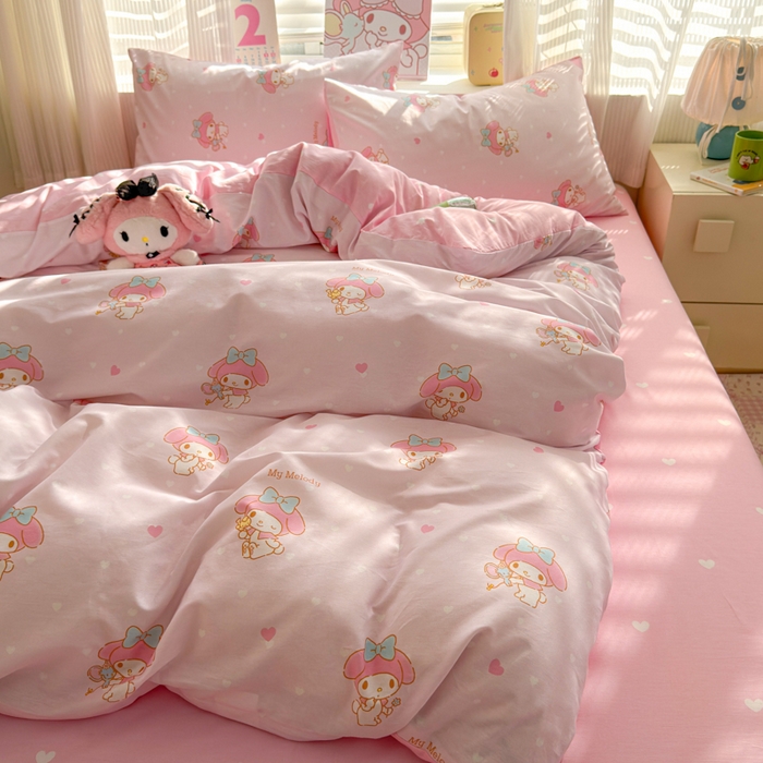 91家纺网 家纺一手货源 找家纺 曼之夏 2026新款全棉三丽鸥正版授权卡通四件套 波点美乐蒂