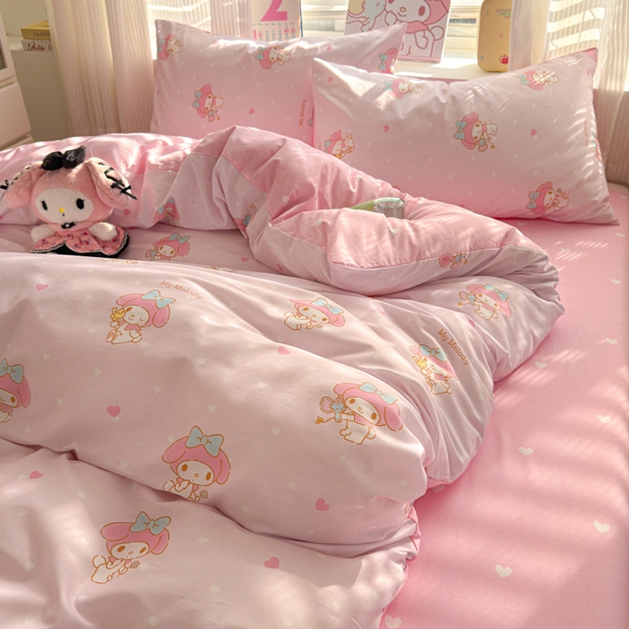 91家纺网 家纺一手货源 找家纺 曼之夏 2026新款全棉三丽鸥正版授权卡通四件套 波点美乐蒂