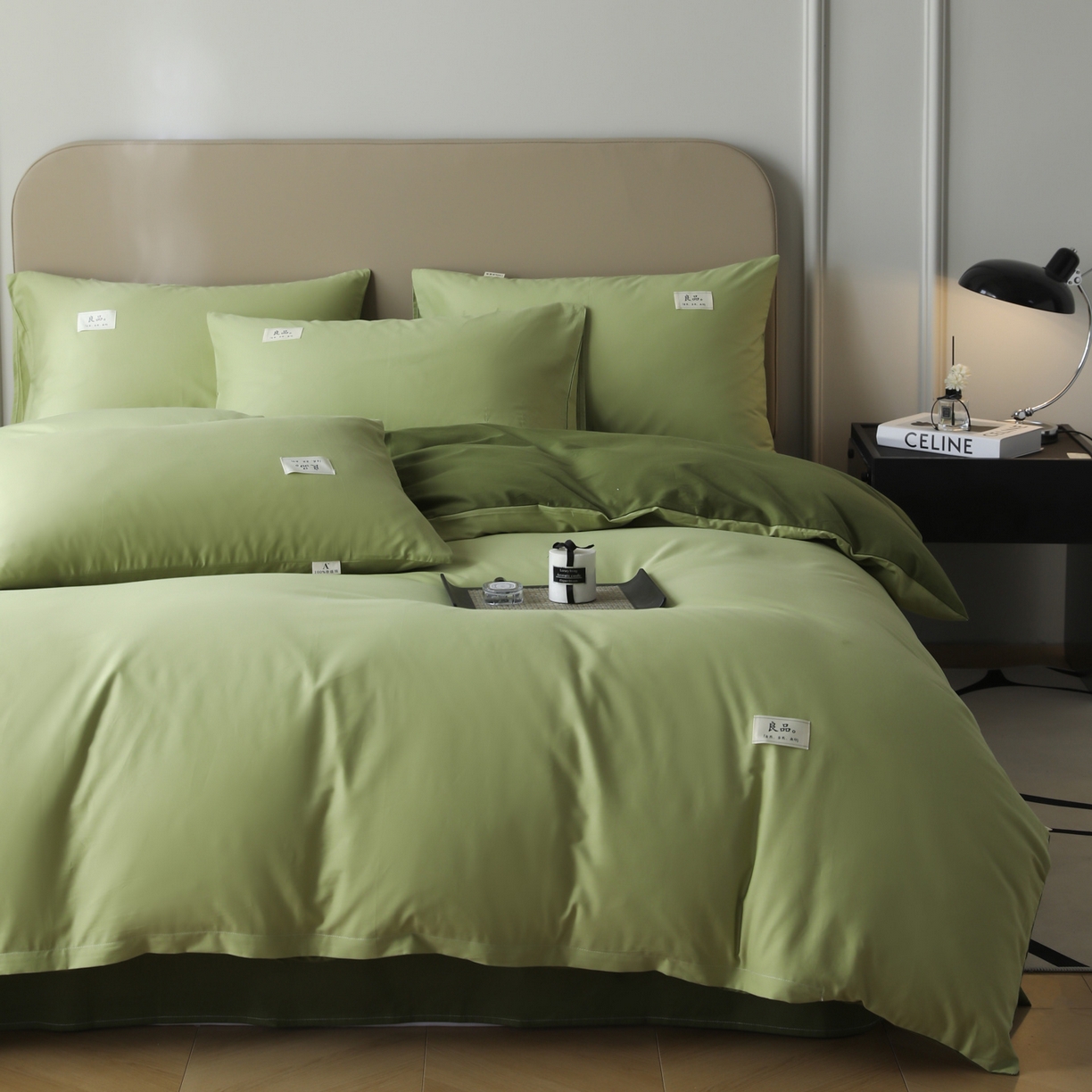 91家纺网 家纺一手货源 找家纺 眠博士 2026新款轻奢简约全棉40支拼色四件套 全棉拼色-浅绿+军绿