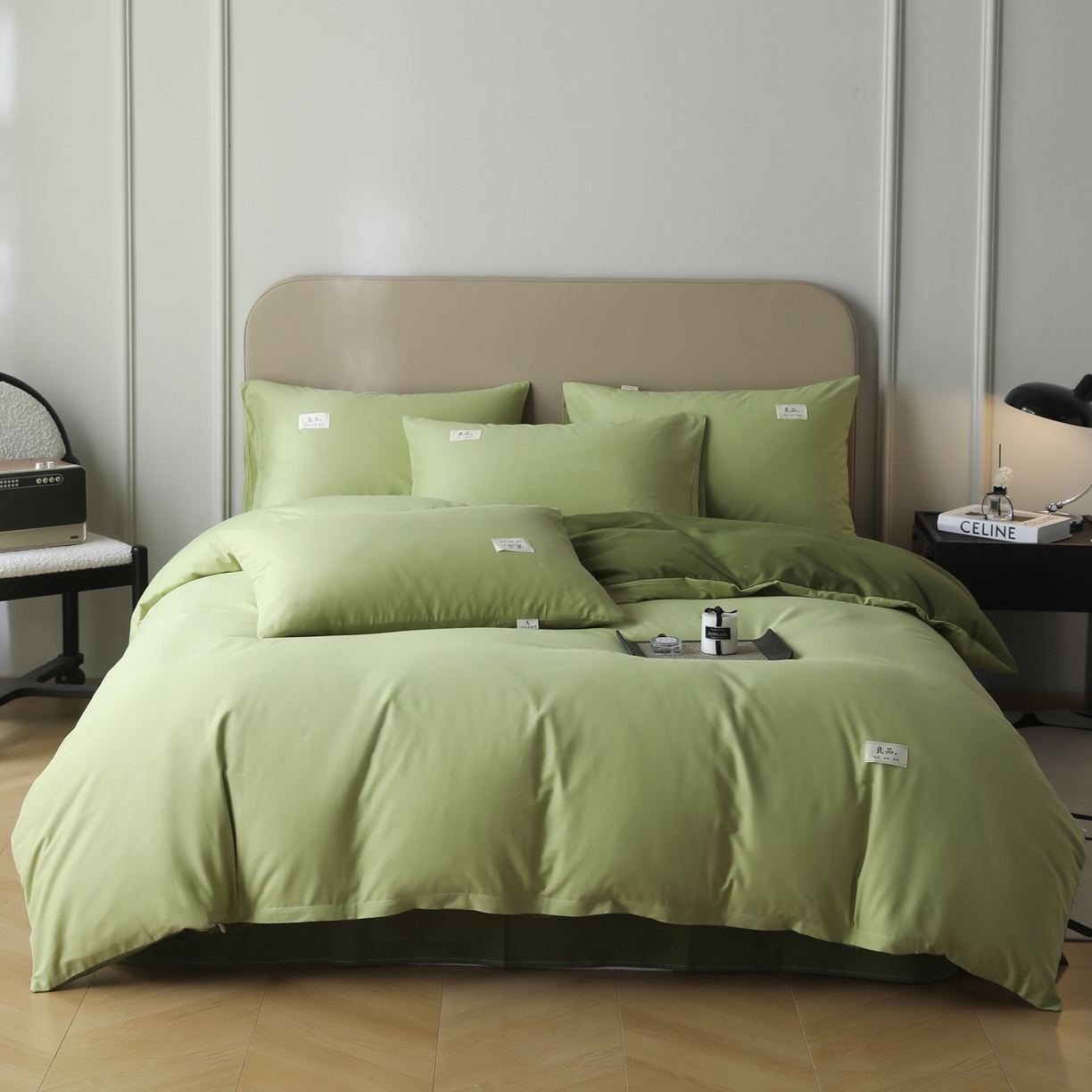 91家纺网 家纺一手货源 找家纺 眠博士 2026新款轻奢简约全棉40支拼色四件套 全棉拼色-浅绿+军绿