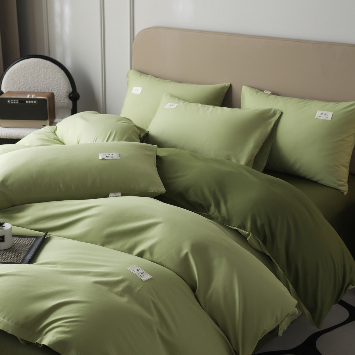 91家纺网 家纺一手货源 找家纺 眠博士 2026新款轻奢简约全棉40支拼色四件套 全棉拼色-浅绿+军绿