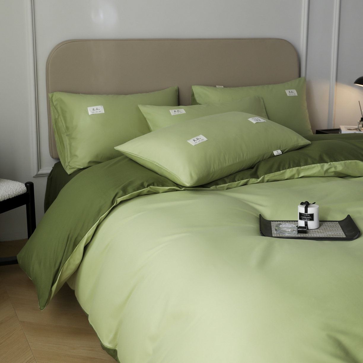 91家纺网 家纺一手货源 找家纺 眠博士 2026新款轻奢简约全棉40支拼色四件套 全棉拼色-浅绿+军绿