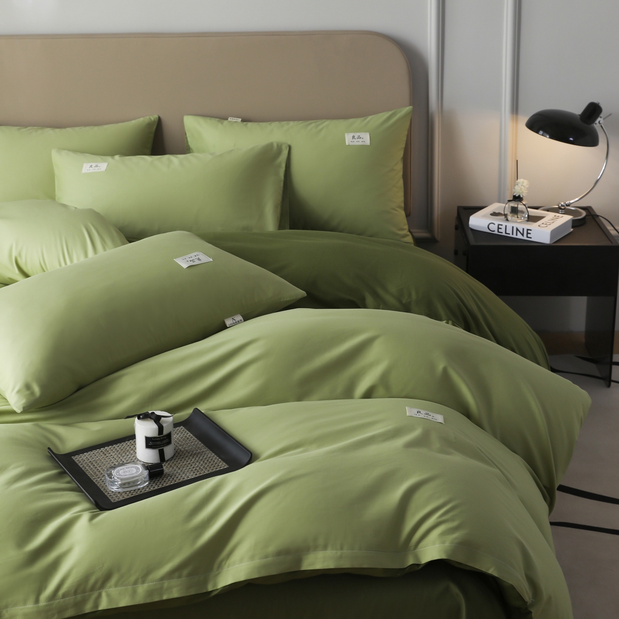 91家纺网 家纺一手货源 找家纺 眠博士 2026新款轻奢简约全棉40支拼色四件套 全棉拼色-浅绿+军绿