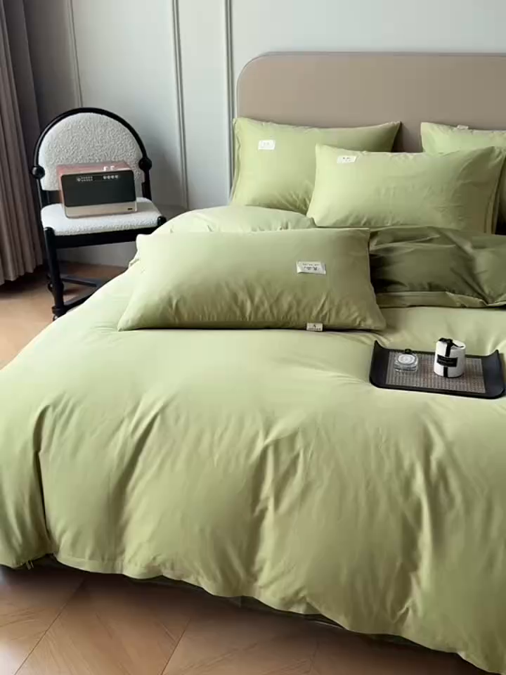 91家纺网 家纺一手货源 找家纺 眠博士 2026新款轻奢简约全棉40支拼色四件套 全棉拼色-浅绿+军绿