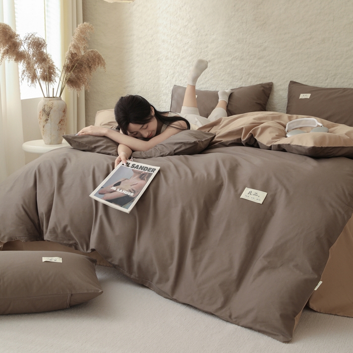 91家纺网 家纺一手货源 找家纺 眠博士 2026新款轻奢简约全棉40支拼色四件套 全棉拼色-春泥+卡其