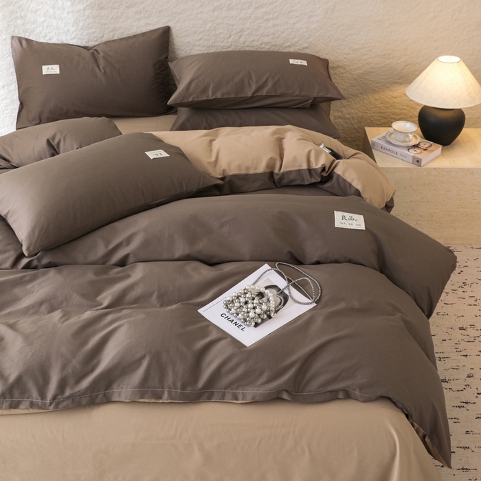 91家纺网 家纺一手货源 找家纺 眠博士 2026新款轻奢简约全棉40支拼色四件套 全棉拼色-春泥+卡其