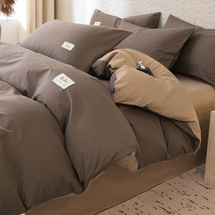 91家纺网 家纺一手货源 找家纺 眠博士 2026新款轻奢简约全棉40支拼色四件套 全棉拼色-春泥+卡其