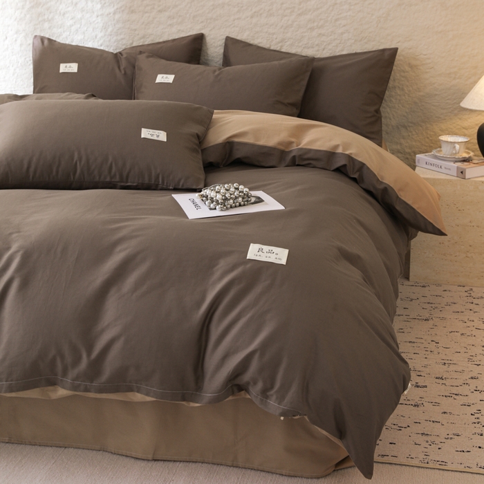 91家纺网 家纺一手货源 找家纺 眠博士 2026新款轻奢简约全棉40支拼色四件套 全棉拼色-春泥+卡其