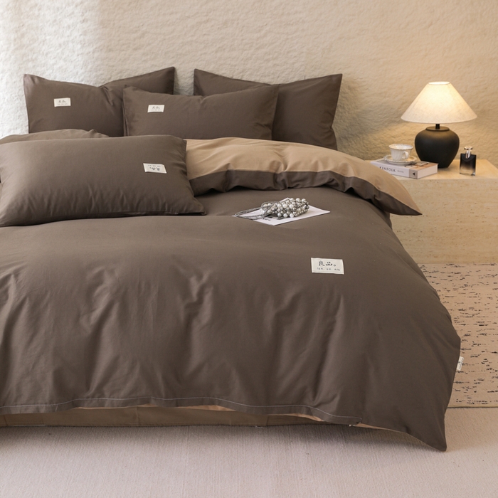 91家纺网 家纺一手货源 找家纺 眠博士 2026新款轻奢简约全棉40支拼色四件套 全棉拼色-春泥+卡其