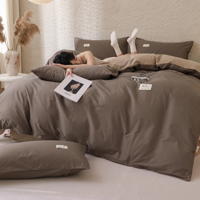 91家纺网 家纺一手货源 找家纺 眠博士 2026新款轻奢简约全棉40支拼色四件套 全棉拼色-春泥+卡其