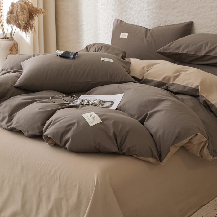 91家纺网 家纺一手货源 找家纺 眠博士 2026新款轻奢简约全棉40支拼色四件套 全棉拼色-春泥+卡其