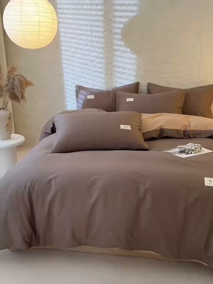 91家纺网 家纺一手货源 找家纺 眠博士 2026新款轻奢简约全棉40支拼色四件套 全棉拼色-春泥+卡其