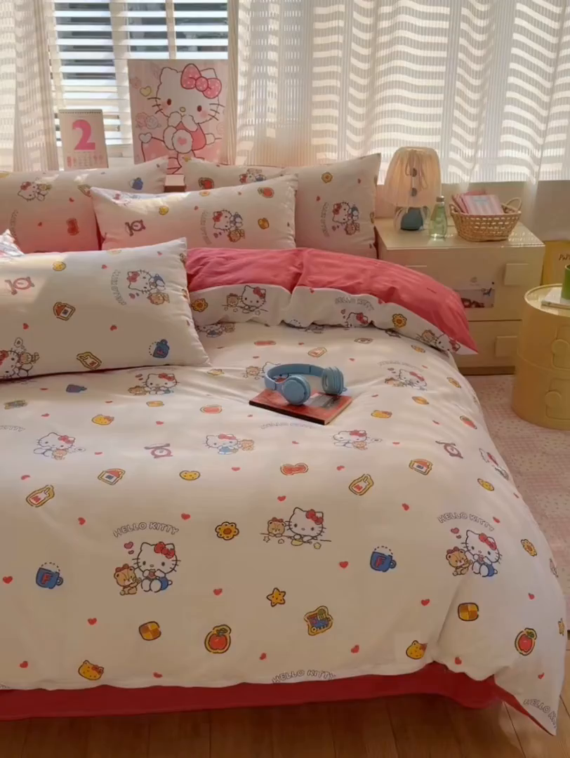 91家纺网 家纺一手货源 找家纺 曼之夏 2026新款全棉三丽鸥正版授权卡通四件套 凯蒂果果