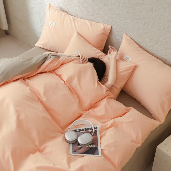 91家纺网 家纺一手货源 找家纺 眠博士 2026新款轻奢简约全棉40支拼色四件套 全棉拼色-橘色+杏色